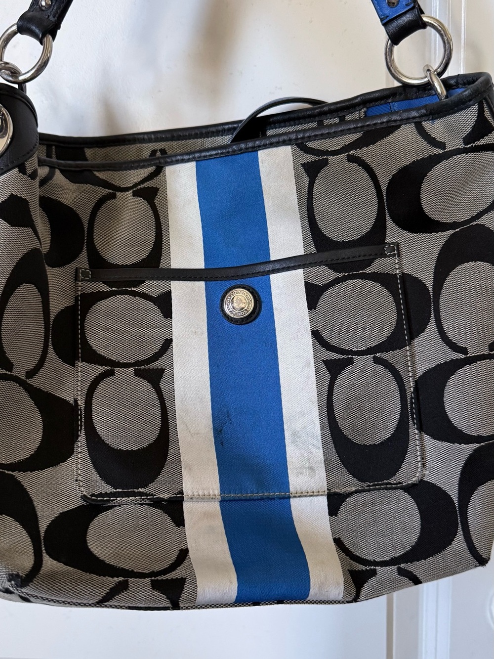 Coach Grey Monogram Shoulder Bag with Blue Stripe and Black Trim - Picture 4 of 12